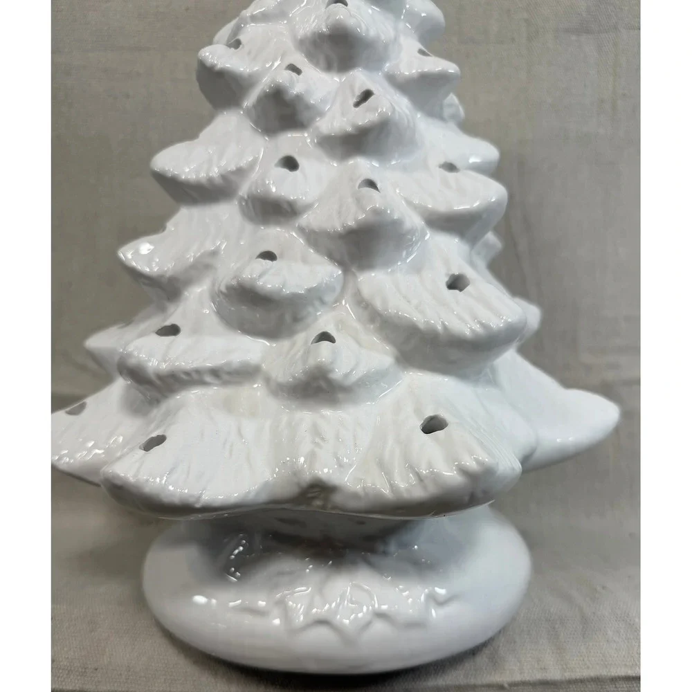 White Ceramic Lighted Christmas Tree 12 Inch Tabletop Holiday Decor Glossy Glaze